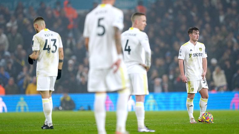 Leeds players look frustrated as Arsenal lead 3-0 on Elland Road