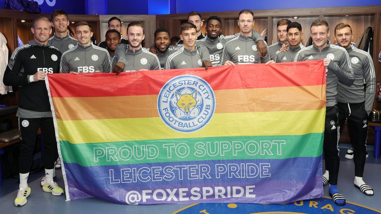 LEICESTER, ENGLAND - NOVEMBER 28: Leicester City players pose with a Stonewall Rainbow Laces campaign banner ahead of the Premier League match between Leicester City and Watford at King Power Stadium on November 28, 2021 in Leicester, England. (Photo by Plumb Images/Leicester City FC via Getty Images)