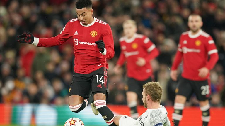 Young Boys&#39; Fabian Lustenberger tackles Manchester United&#39;s Jesse Lindgard 