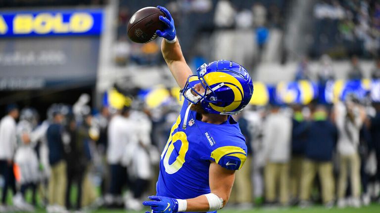 Los Angeles Rams wide receiver Cooper Kupp makes a catch during warmups before an NFL football game against the Seattle Seahawks Tuesday, Dec. 21, 2021, in Inglewood, Calif. (AP Photo/Kevork Djansezian)