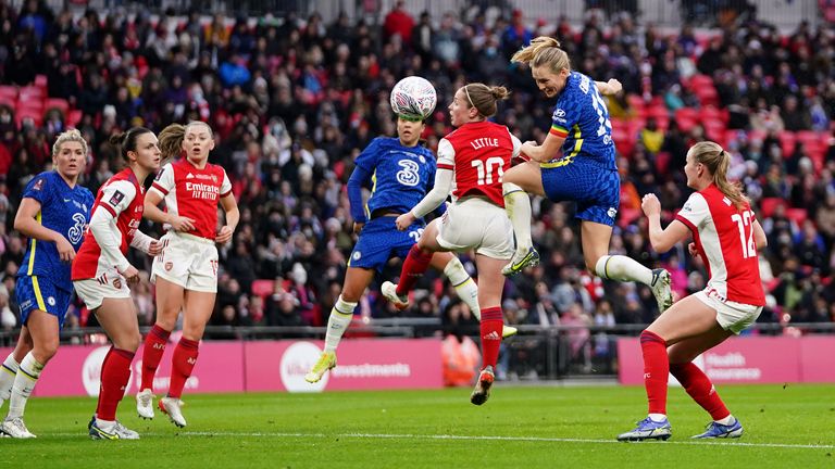 Chelsea's Magdalena Eriksson heads at goal during the Vitality Women's FA Cup final at Wembley