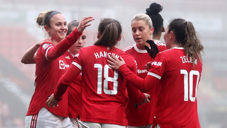 Man Utd celebrate their fourth goal in the WSL victory over Aston Villa 