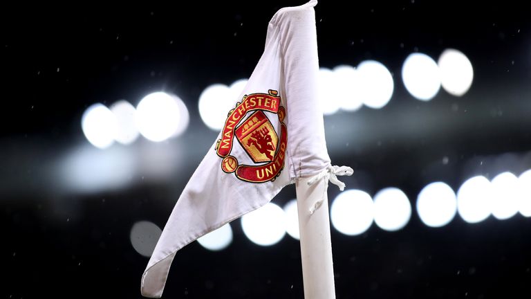 A general view of a Manchester United branded corner flag prior to the Premier League match at Old Trafford, Manchester. Picture date: Saturday February 6, 2021.