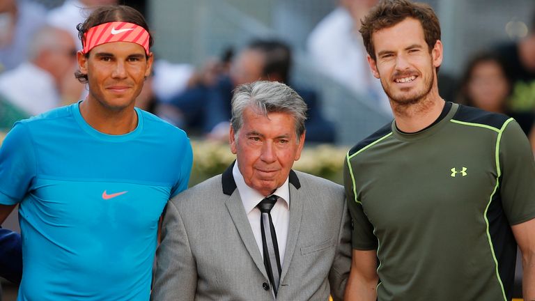 Manolo Santana, centre, pictured alongside Rafael Nadal and Andy Murray at the Madrid Open in 2015
