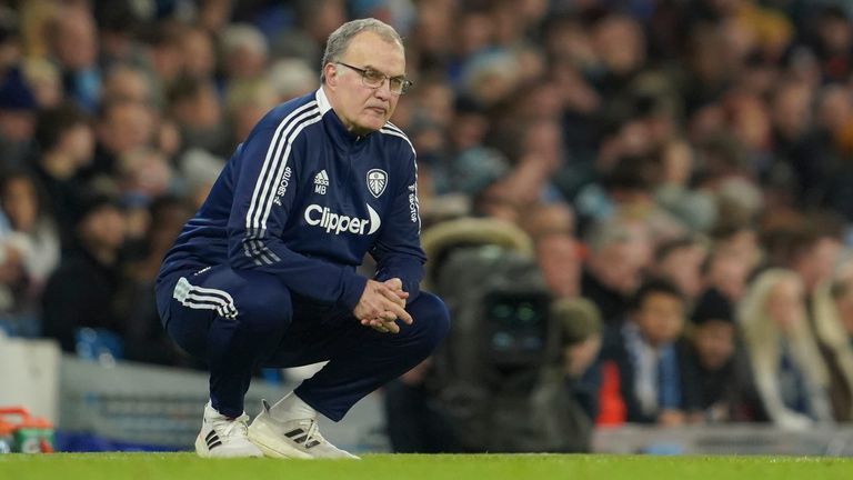 Marcelo Bielsa looks on during the 7-0 defeat to Man City (AP)