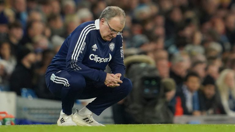 Marcelo Bielsa reacts during the 7-0 defeat to Man City (AP)