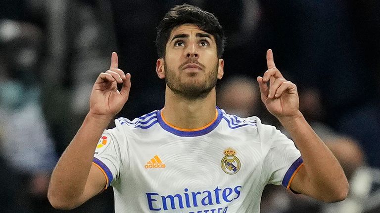 Marco Asensio celebrates after his goal in the Madrid derby