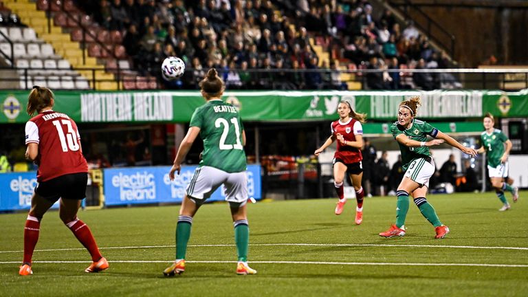 Belfast , United Kingdom - 26 October 2021; Marissa Callaghan of Northern Ireland shoots at goal during the FIFA Women's World Cup 2023 qualifying group D match between Northern Ireland and Austria at Seaview in Belfast. (Photo By Ramsey Cardy/Sportsfile via Getty Images)