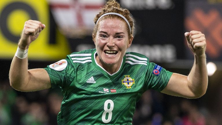 Northern Ireland v Latvia - FIFA Women's World Cup 2023 - UEFA Qualifier - Group D - Windsor Park
Northern Ireland's Marissa Callaghan celebrates after scoring during the FIFA Women's World Cup qualifying match at Windsor Park, Belfast. Picture date: Tuesday September 21, 2021.