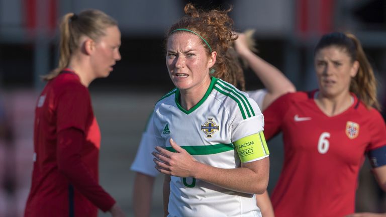 FREDRIKSTAD, NORWAY - SEPTEMBER 15: Captain Marissa Callaghan, Jessica Foy of NI during the FIFA 2018 World Cup Qualifier between Norway and Northern Ireland at Fredrikstad Stadion on September 15, 2017 in Fredrikstad, . (Photo by Trond Tandberg/Getty Images)
