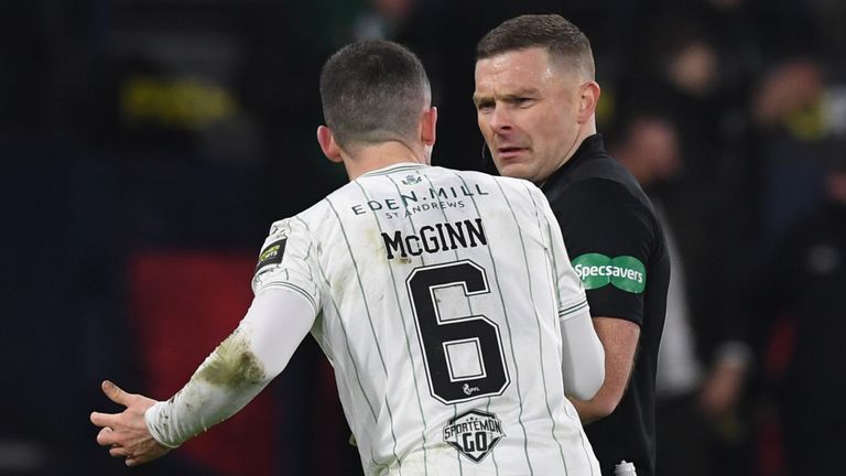 GLASGOW, SCOTLAND - DECEMBER 19: Hibs&#39; Paul McGinn (L) confronts referee John Beaton during the Premier Sports Cup Final between Celtic and Hibernian at Hampden Park, on December 19, 2021, in Glasgow, Scotland. (Photo by Craig Foy / SNS Group)