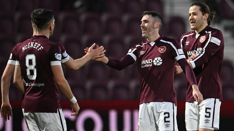 EDINBURGH, SCOTLAND - DECEMBER 26: Hearts goal scorers Michael Smith and Ben Woodburn celebrate putting their side 2-0 up during a Cinch Premiership match between Hearts and Ross County at Tynecastle Stadium, on December 26, 2021, in Edinburgh, Scotland.  (Photo by Paul Devlin / SNS Group)