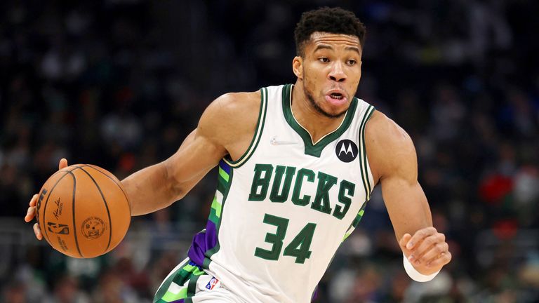 Milwaukee Bucks forward Giannis Antetokounmpo dribbles the ball against the Boston Celtics on Christmas Day