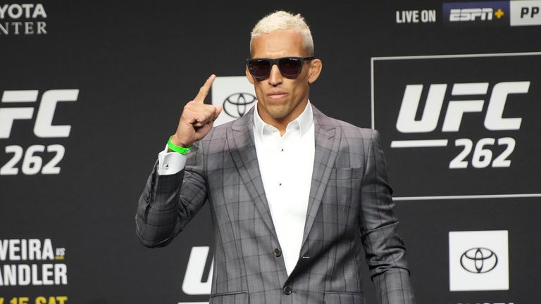 Charles Oliveira during the official press conference for UFC 262 on May 13, 2021, at George R Brown Convention Center in Houston, TX (Louis Grasse/PxImages/Icon Sportswire via AP)