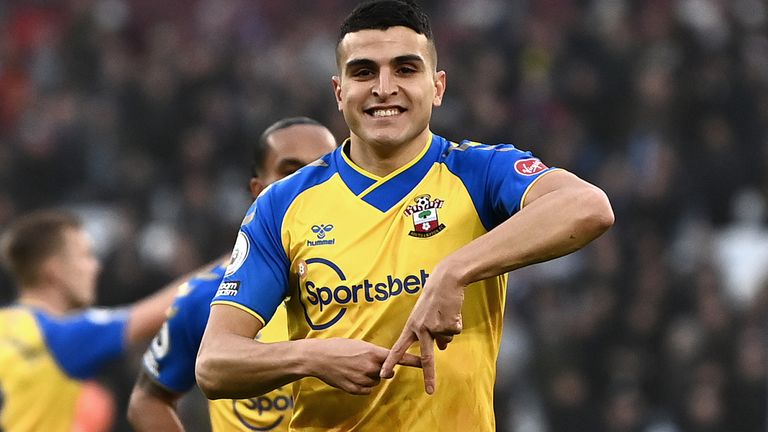 Mohamed Elyounoussi celebrates after scoring the opening goal at the London Stadium