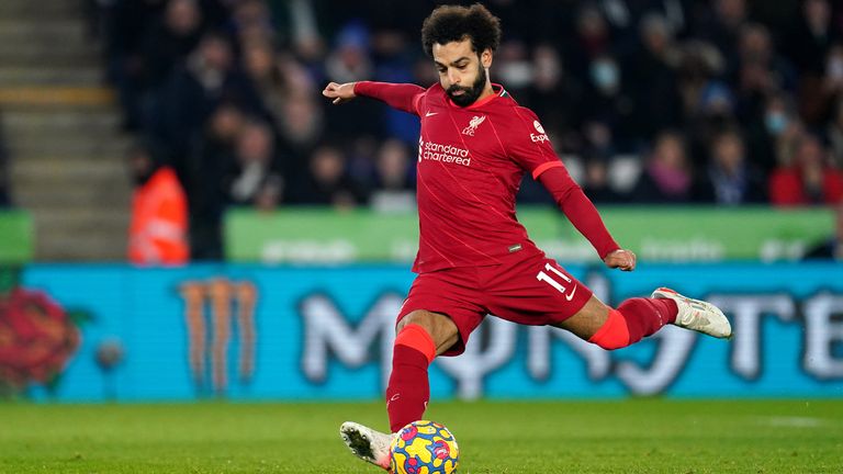 Liverpool&#39;s Mohamed Salah takes and misses a penalty