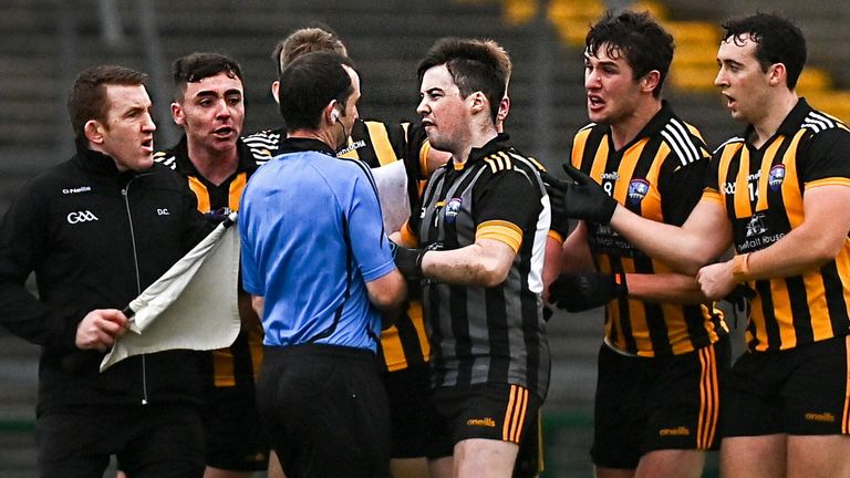 11 December 2021; Mountbellew/Moylough players confront referee Jerome Henry after the AIB Connacht GAA Football Senior Club Championship Semi-Final match between P..draig Pearses and Mountbellew/Moylough at Dr Hyde Park in Roscommon. Photo by E..in Noonan/Sportsfile