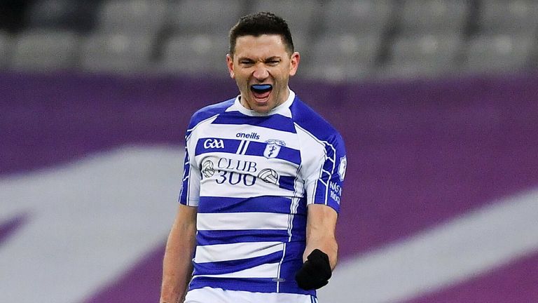 18 December 2021; Eamonn Callaghan of Naas celebrates a last minute free during the AIB Leinster GAA Football Senior Club Championship Semi-Final match between Shelmaliers and Naas at Croke Park in Dublin. Photo by Ray McManus/Sportsfile