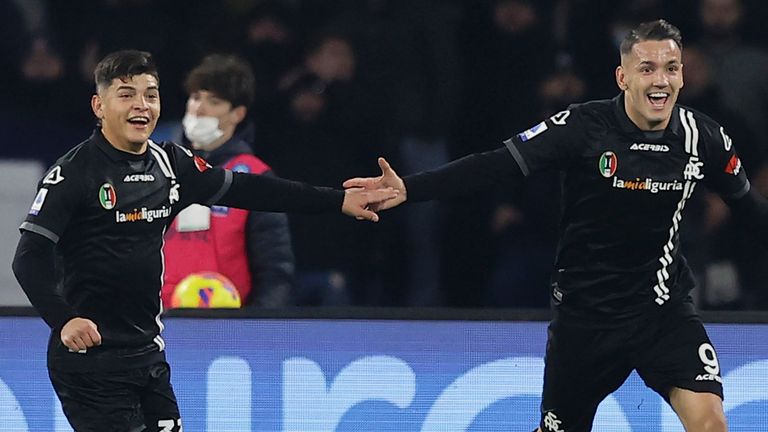 Spezia celebrate after Juan Jesus' own goal saw them ahead against Napoli