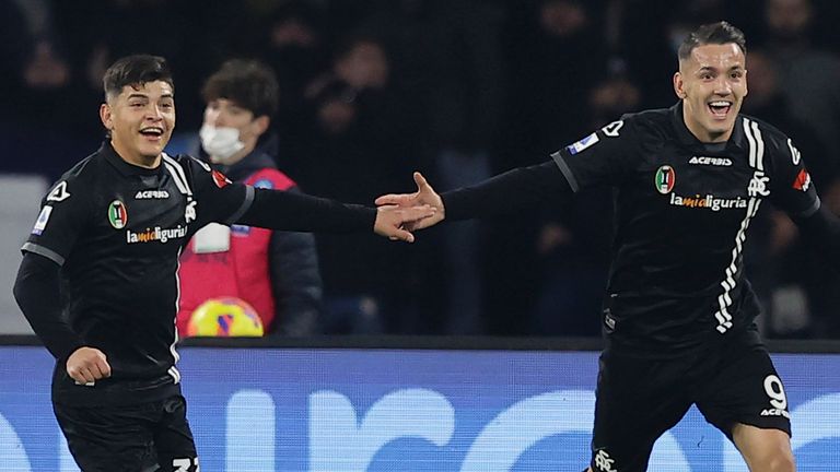 Spezia celebrate after Juan Jesus&#39; own goal saw them ahead against Napoli