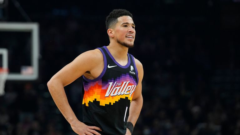 Phoenix Suns guard Devin Booker (1) during the second half of an NBA basketball game against the Oklahoma City Thunder, Thursday, Dec. 23, 2021, in Phoenix. 
