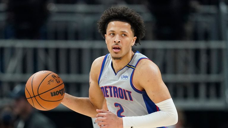 Detroit Pistons' Cade Cunningham dribbles during the first half of an NBA basketball game against the Indiana Pacers, Thursday, Dec. 16, 2021, in Indianapolis. (AP Photo/Darron Cummings)


