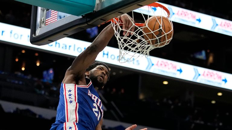 Philadelphia 76ers center Joel Embiid dunks against the Charlotte Hornets during the second half of an NBA basketball game on Monday, Dec. 6, 2021, in Charlotte, N.C. The 76ers won 127-124 in overtime. (AP Photo/Chris Carlson)



