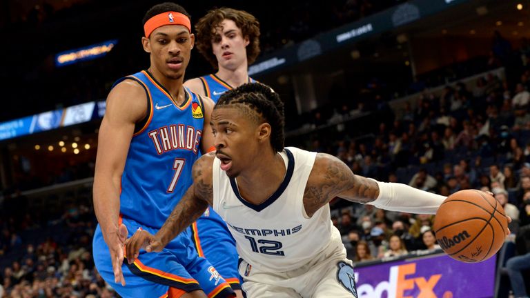 Memphis Grizzlies guard Ja Morant (12) handles the ball ahead of Oklahoma City Thunder forward Darius Bazley (7) in the first half of an NBA basketball game Monday, Dec. 20, 2021, in Memphis, Tenn.