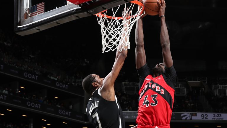 Pascal Siakam #43 of the Toronto Raptors drives to the basket during the game against the Brooklyn Nets on December 14, 2021 at Barclays Center in Brooklyn, New York. 