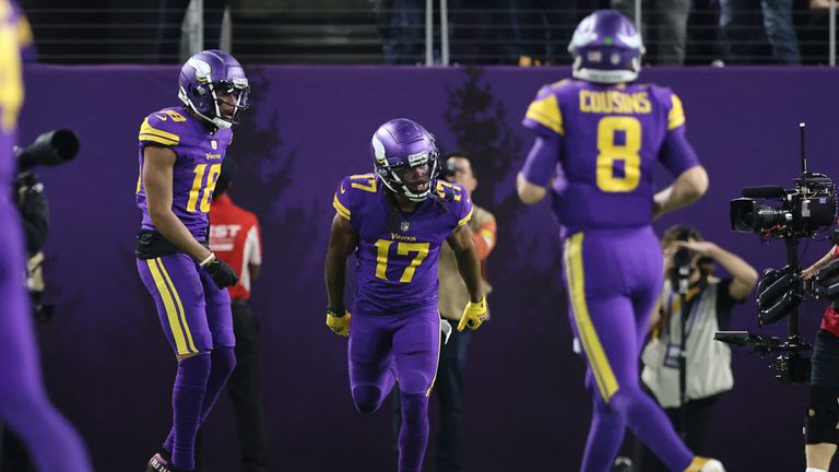 Minnesota Vikings wide receiver K.J. Osborn (17) celebrates after scoring a touchdown during the second half of an NFL football game against the Pittsburgh Steelers, Thursday, Dec. 9, 2021 in Minneapolis. Minnesota won 36-28. (AP Photo/Stacy Bengs)


