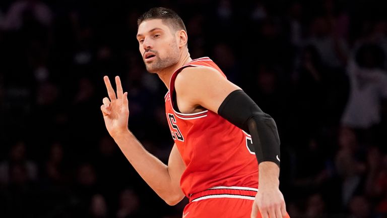 Chicago Bulls center Nikola Vucevic gestures after scoring a basket