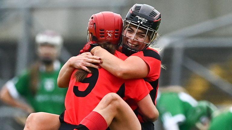 18 December 2021; Ursula Jacob of Oulart the Ballagh, right, celebrates with team-mate Anais Curran after the 2020 AIB All-Ireland Senior Club Camogie Championship Final match between Sarsfields and Oulart the Ballagh at UMPC Nowlan Park, Kilkenny. Photo by E..in Noonan/Sportsfile