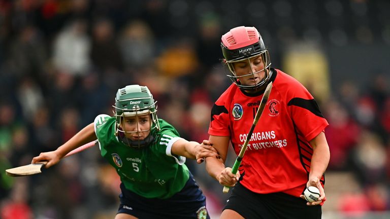 18 December 2021; Shelley Kehoe of Oulart the Ballagh in action against Tara Kenny of Sarsfields during the 2020 AIB All-Ireland Senior Club Camogie Championship Final match between Sarsfields and Oulart the Ballagh at UMPC Nowlan Park, Kilkenny. Photo by E..in Noonan/Sportsfile