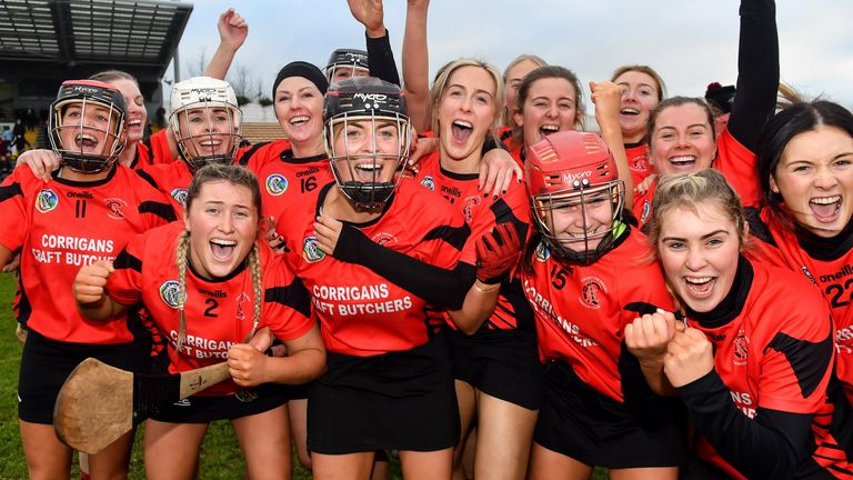 18 December 2021; Oulart the Ballagh players celebrate after the 2020 AIB All-Ireland Senior Club Camogie Championship Final match between Sarsfields and Oulart the Ballagh at UMPC Nowlan Park, Kilkenny. Photo by E..in Noonan/Sportsfile