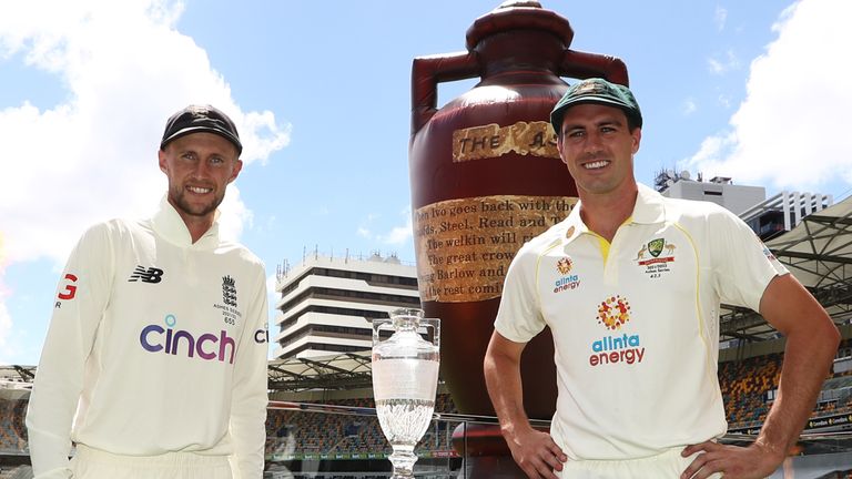 Australia's Pat Cummins (Right ) and England's Joe Root during the Ashes Series Launch at The Gabba in Brisbane, Australia.