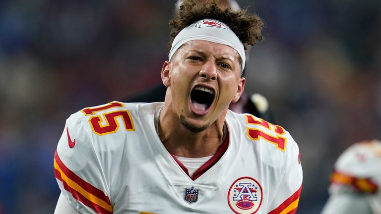 Kansas City Chiefs quarterback Patrick Mahomes celebrates after defeating the Los Angeles Chargers in an NFL football game Thursday, Dec. 16, 2021, in Inglewood, Calif. The Chiefs won 34-28. (AP Photo/Marcio Jose Sanchez)