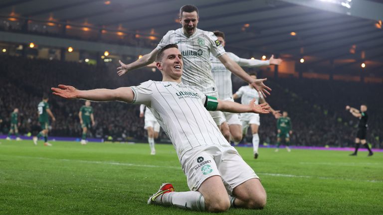 Paul Hanlon celebrates after scoring to make it 1-0 Hibs during the Premier Sports Cup Final between Celtic and Hibernian at Hampden Park