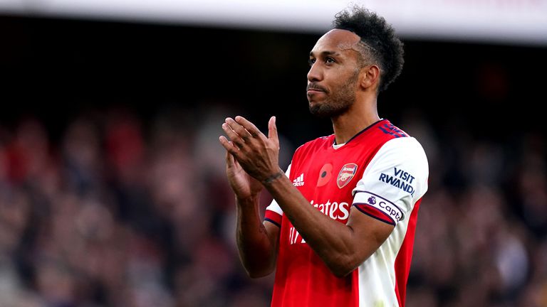 Arsenal&#39;s Pierre-Emerick Aubameyang applauds the fans at the end of the Premier League match at the Emirates Stadium, London. Picture date: Sunday November 7, 2021.
