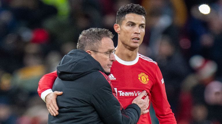 Ralf Rangnick and Cristiano Ronaldo embrace after Man Utd's win over Crystal Palace