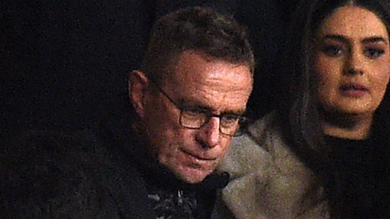New Manchester United interim boss Ralf Rangnick watched on from the stands during the 3-2 win over Arsenal