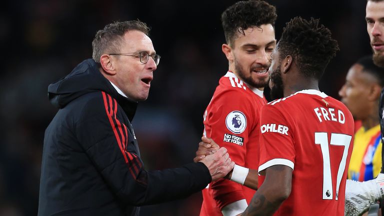MANCHESTER, ENGLAND - DECEMBER 05: Manchester United interim manager Ralf Rangnick congratulates Fred of Manchester United after the Premier League match between Manchester United and Crystal Palace at Old Trafford on December 5, 2021 in Manchester, England. (Photo by Simon Stacpoole/Offside/Offside via Getty Images)
