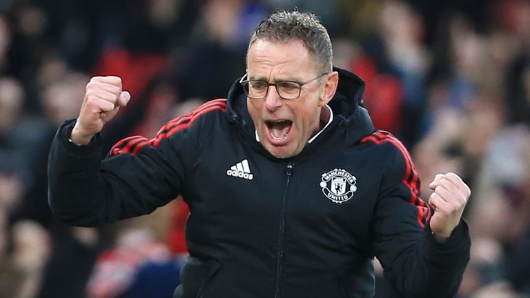 MANCHESTER, ENGLAND - DECEMBER 05: Manchester United interim manager Ralf Rangnick celebrates their 1st goal during the Premier League match between Manchester United and Crystal Palace at Old Trafford on December 5, 2021 in Manchester, England. (Photo by Simon Stacpoole/Offside/Offside via Getty Images)