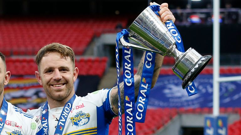 Picture by Ed Sykes/SWpix.com - 17/10/2020 - Rugby League - Coral Challenge Cup Final - Leeds Rhinos v Salford Red Devils - Wembley Stadium, London, England - Leeds Rhinos head coach Richard Agar, Luke Gale and Richie Myler celebrate with the trophy after the match