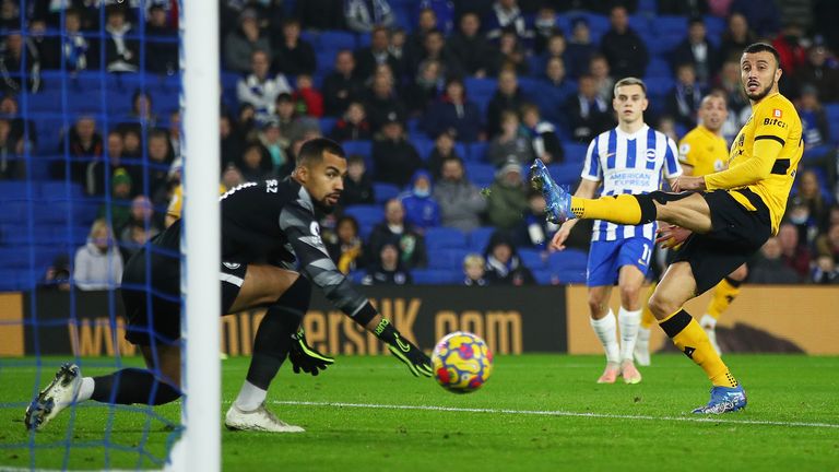 Romain Saiss makes it 1-0 at the Amex Stadium