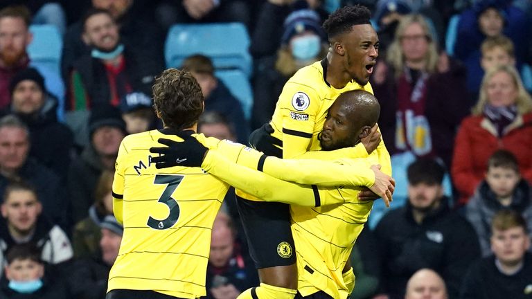 Romelu Lukaku celebrates his second-half goal with Callum Hudson-Odoi and Marcos Alonso