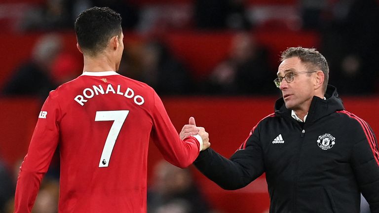 Ralf Rangnick and Cristiano Ronaldo embrace after Man Utd's win over Crystal Palace