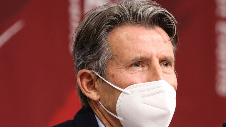 Sebastian Coe, President of the World Athletics, speaks at a press conference at the National Stadium in Shinjuku Ward, Tokyo on May 9, 2021. Tokyo Olympics athletics test event "Athletics READY STEADY TOKYO" is held without spectators at the National Stadium amid a pandemic of the new coronavirus COVID-19.   ( The Yomiuri Shimbun via AP Images )