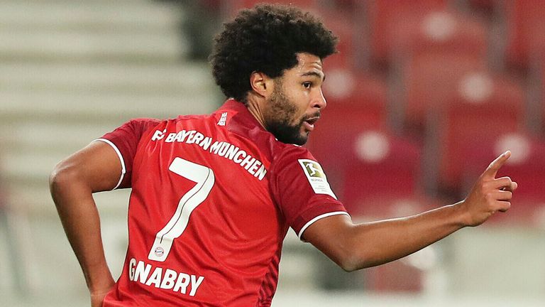 Serge Gnabry celebrates one of his three goals against Stuttgart (Pic: firo Sportphoto/Marcel Engelbrecht/picture-alliance/dpa/AP Images)