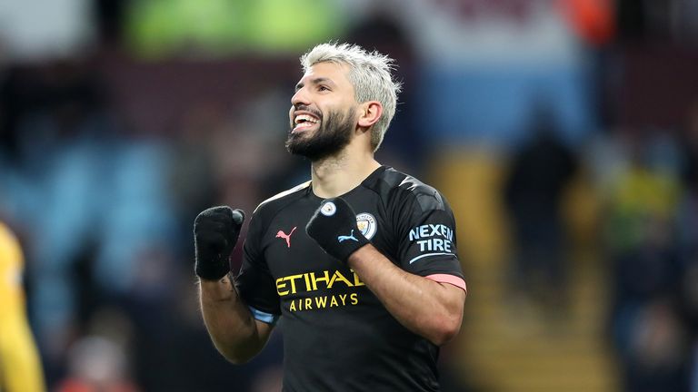 Manchester City's Sergio Aguero celebrates scoring his side's sixth goal of the game during the Premier League match at Villa Park,