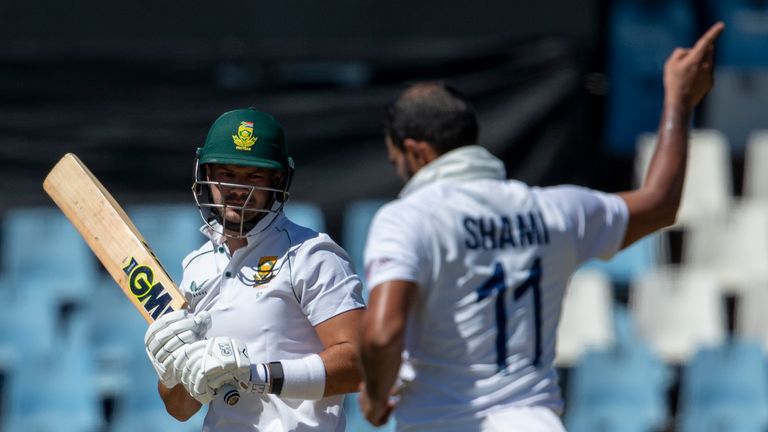 South Africa's Aiden Markram (left) is dismissed by India's Mohammad Shami on the fourth day of the first Test on December 29, 2021